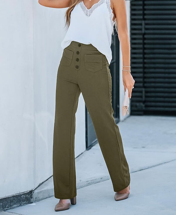 Elastische Broek met Hoge Taille Dames met knopen en zakken groen