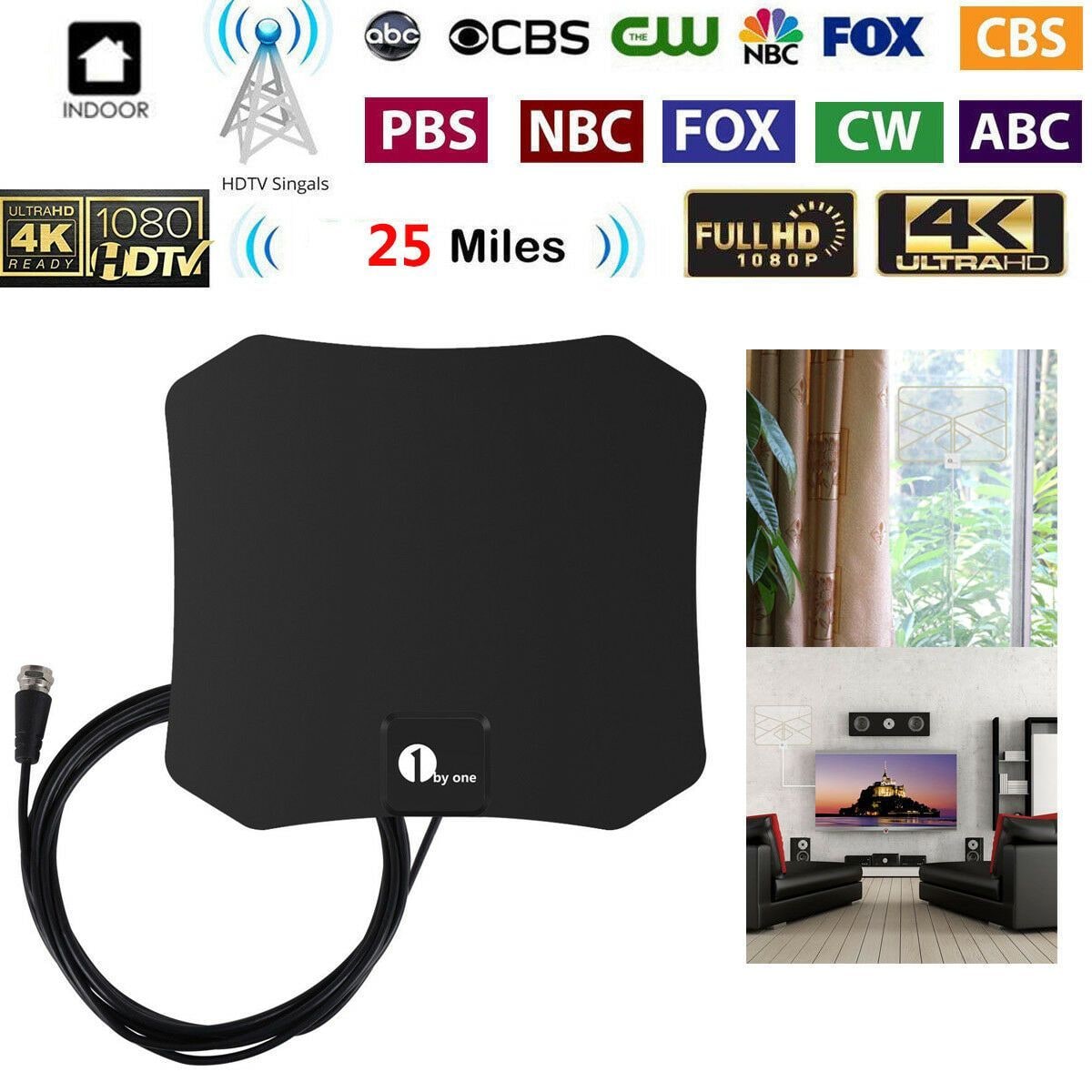 Binnenantenne voor tv, digitaal HDTV, plat, coaxkabel, voor wandmontage of opplakken
