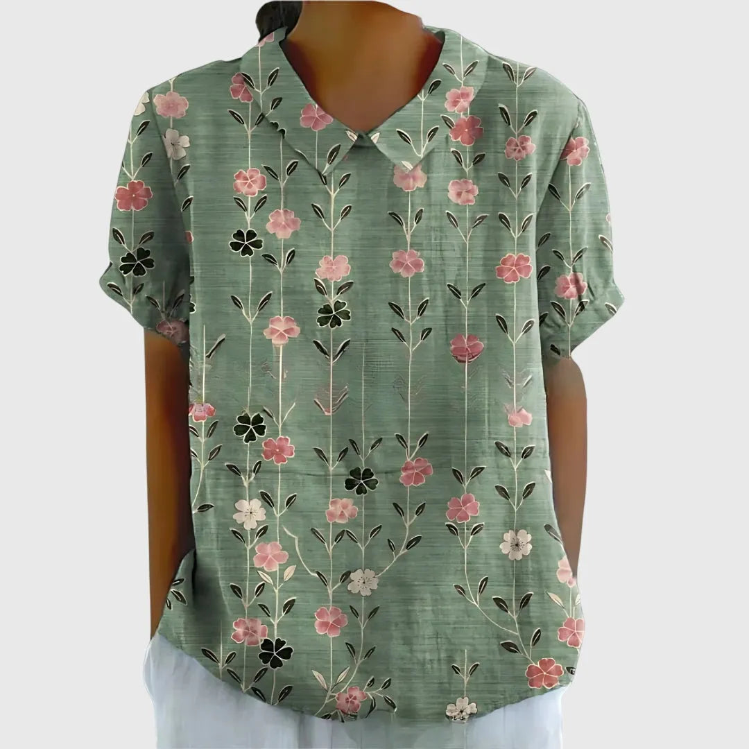 Jenna damesblouse met V-hals, korte mouwen en bloemenprint
