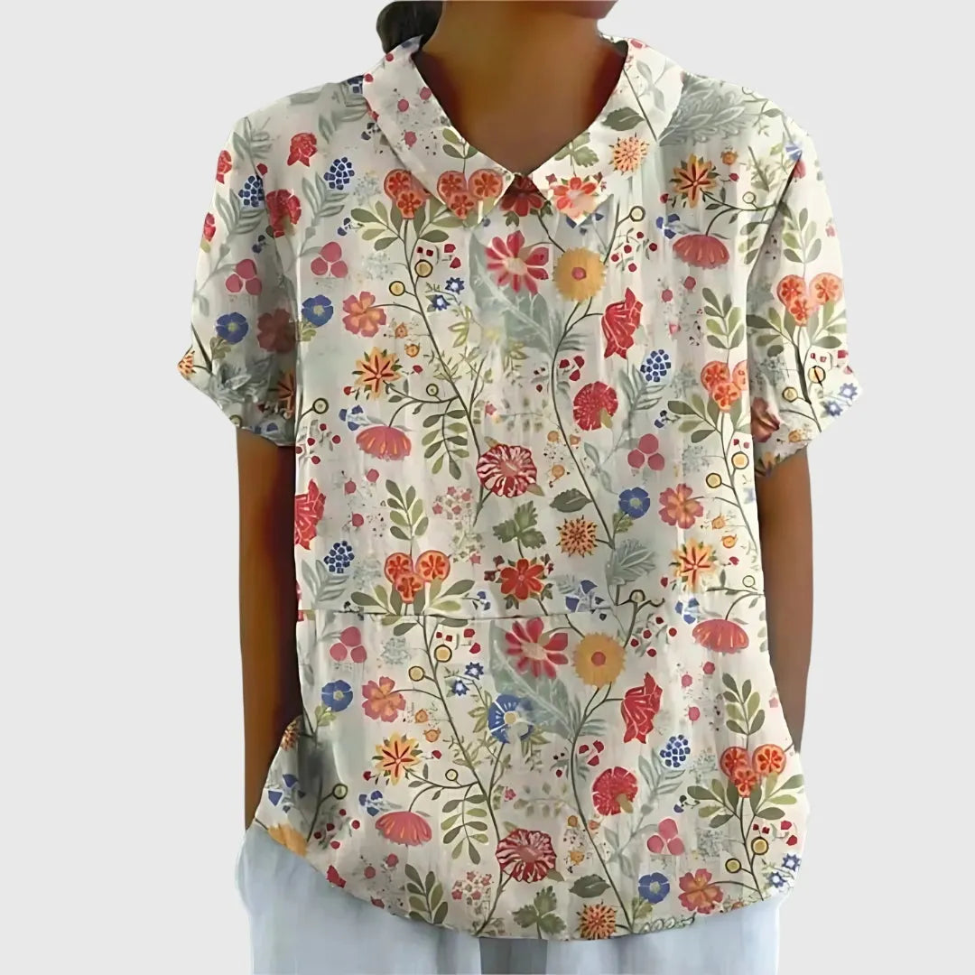Jenna damesblouse met V-hals, korte mouwen en bloemenprint
