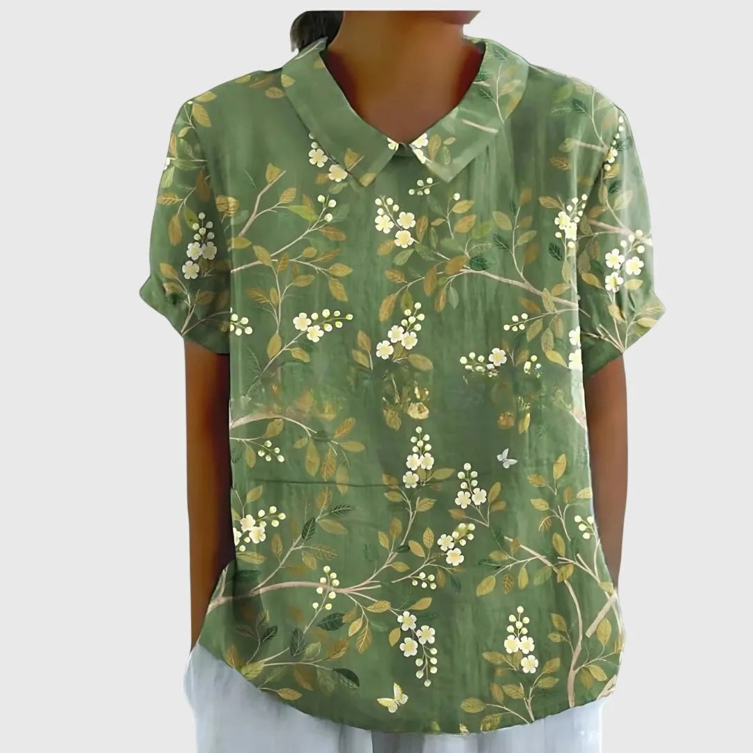 Jenna damesblouse met V-hals, korte mouwen en bloemenprint
