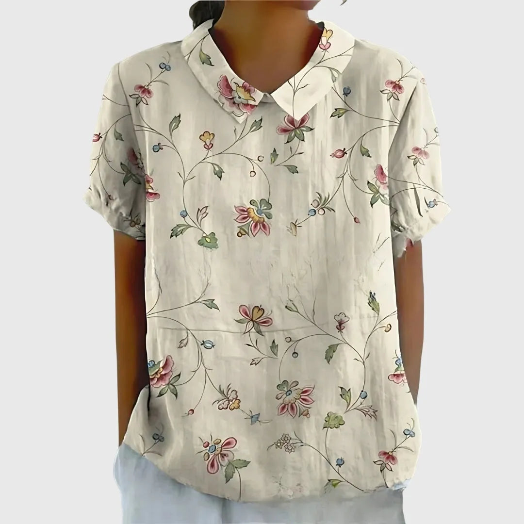Jenna damesblouse met V-hals, korte mouwen en bloemenprint