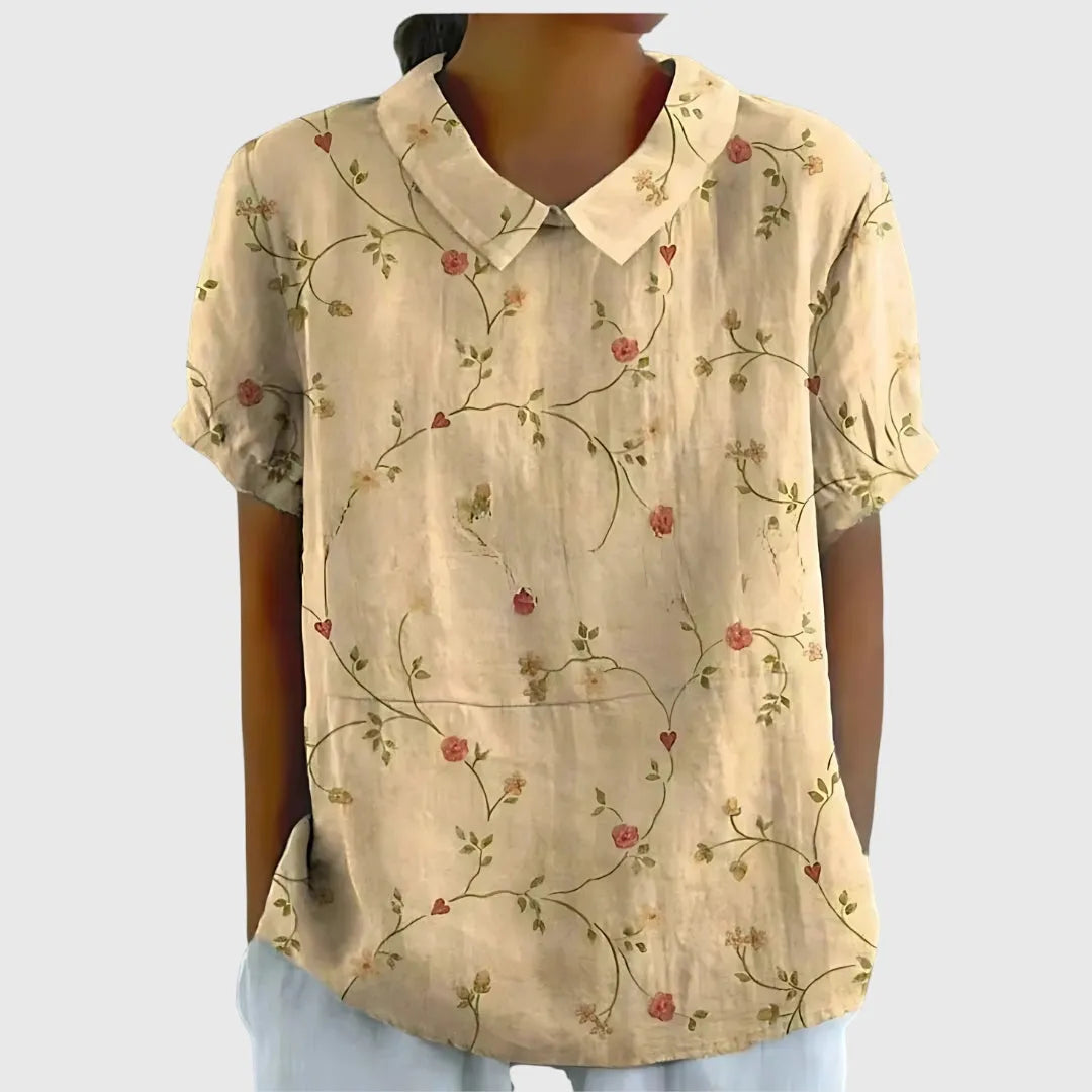 Jenna damesblouse met V-hals, korte mouwen en bloemenprint