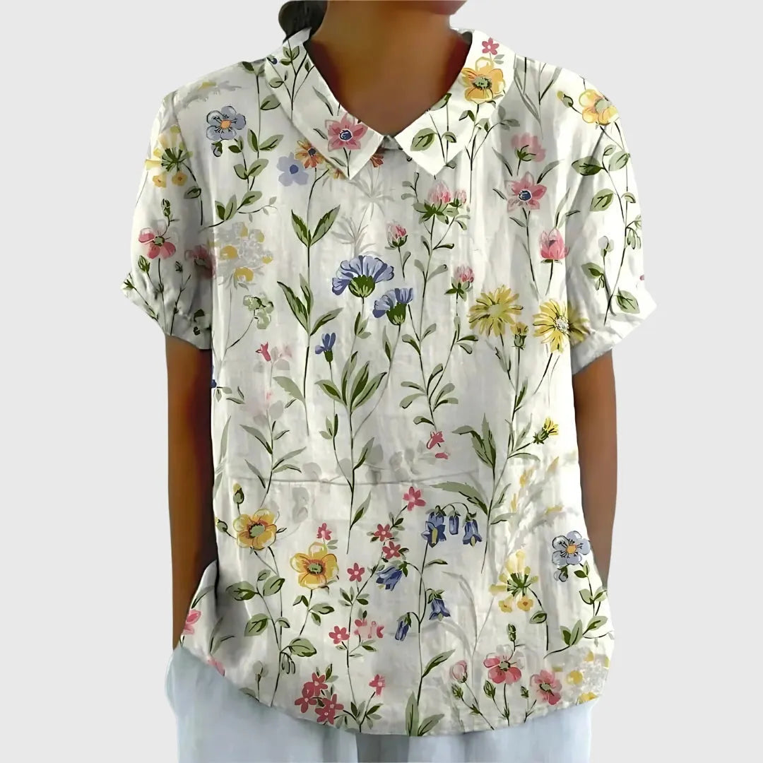 Jenna damesblouse met V-hals, korte mouwen en bloemenprint