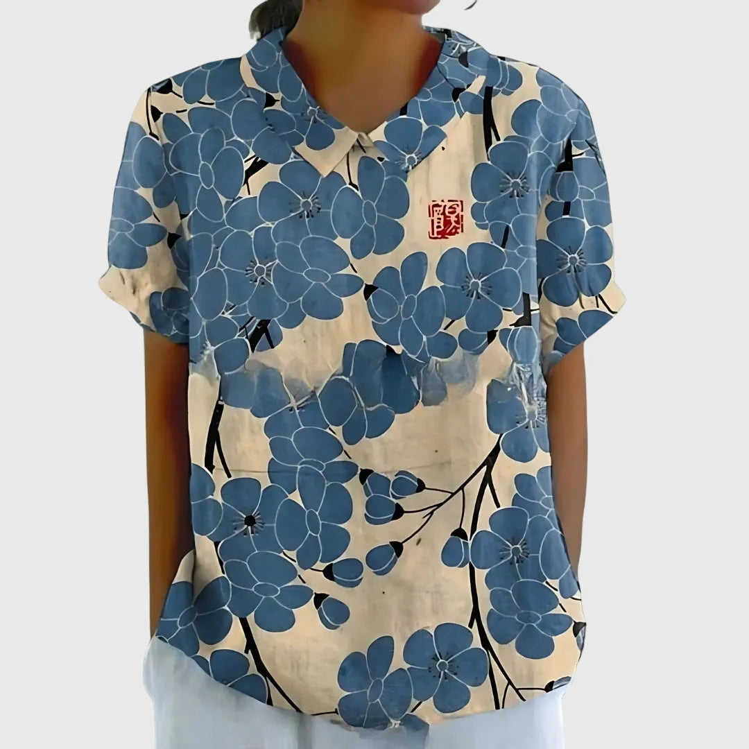 Jenna damesblouse met V-hals, korte mouwen en bloemenprint
