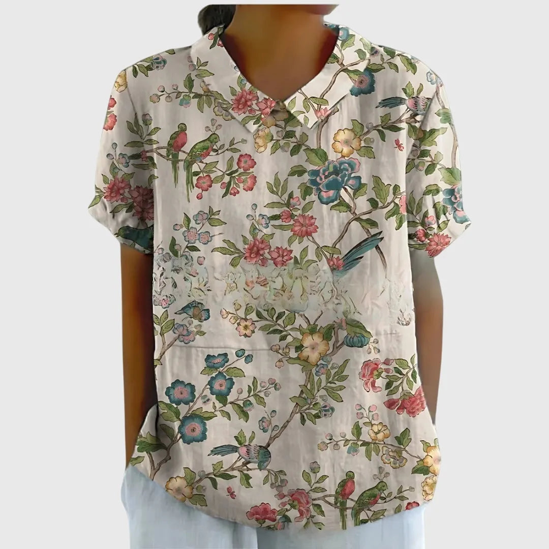 Jenna damesblouse met V-hals, korte mouwen en bloemenprint