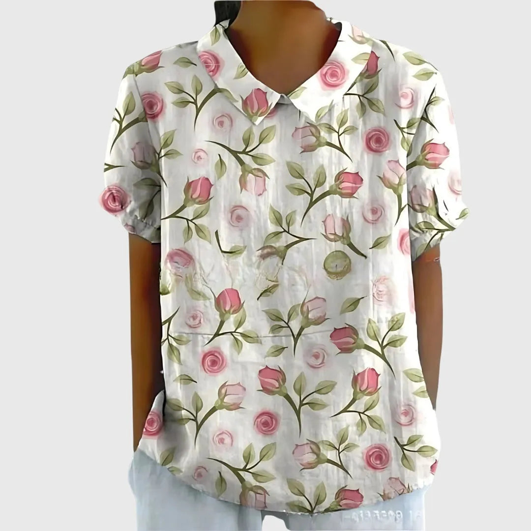 Jenna damesblouse met V-hals, korte mouwen en bloemenprint