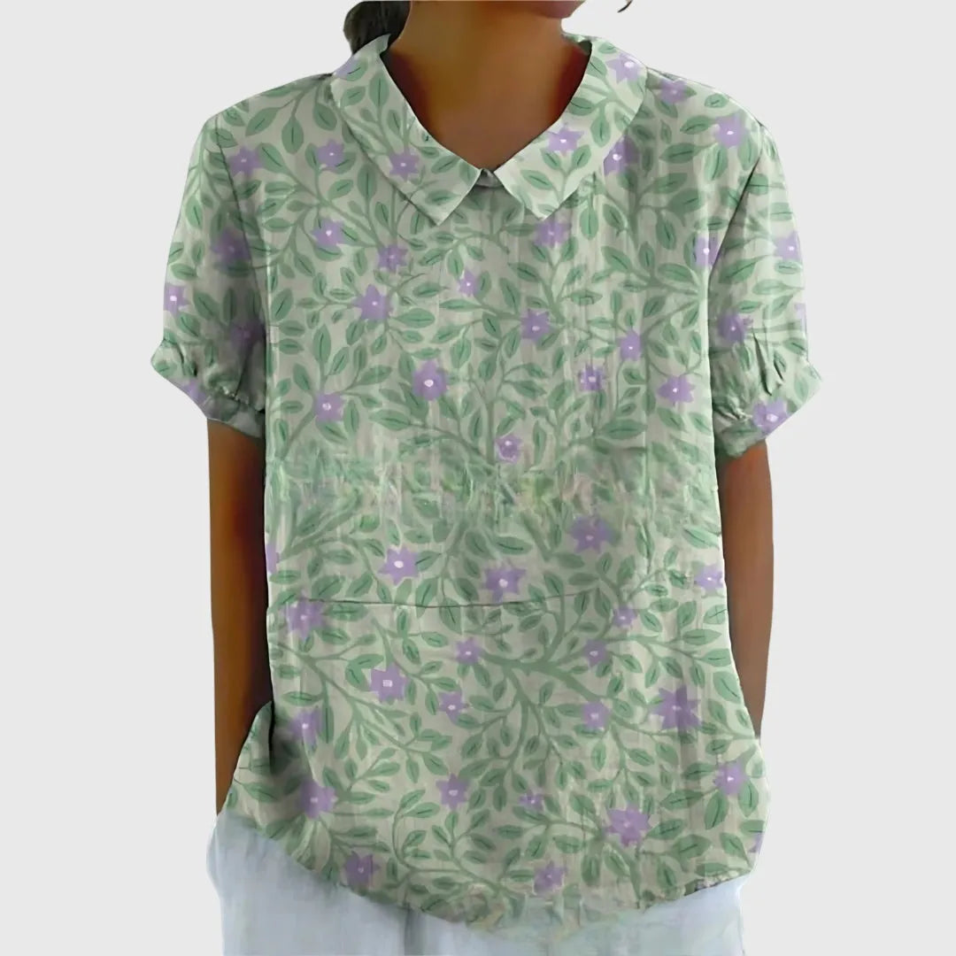 Jenna damesblouse met V-hals, korte mouwen en bloemenprint