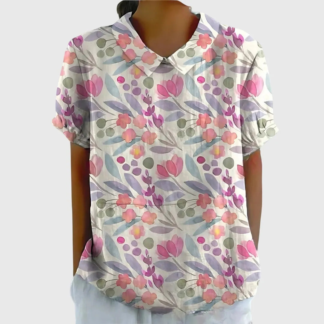 Jenna damesblouse met V-hals, korte mouwen en bloemenprint