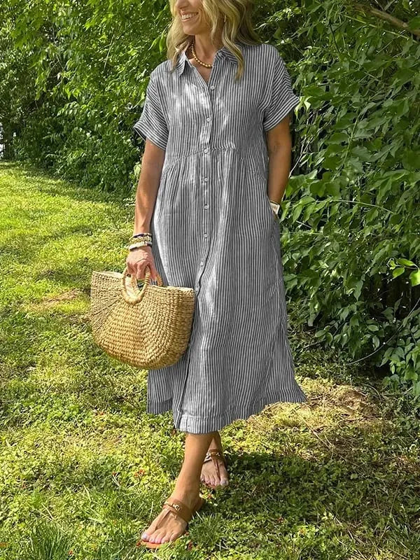 Julianne gestreepte midiblousejurk voor dames met knoopsluiting