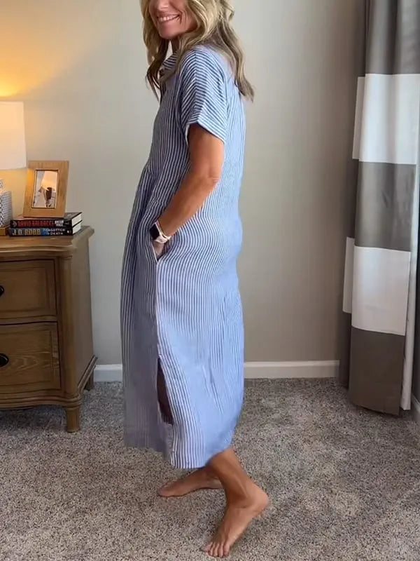 Julianne gestreepte midiblousejurk voor dames met knoopsluiting