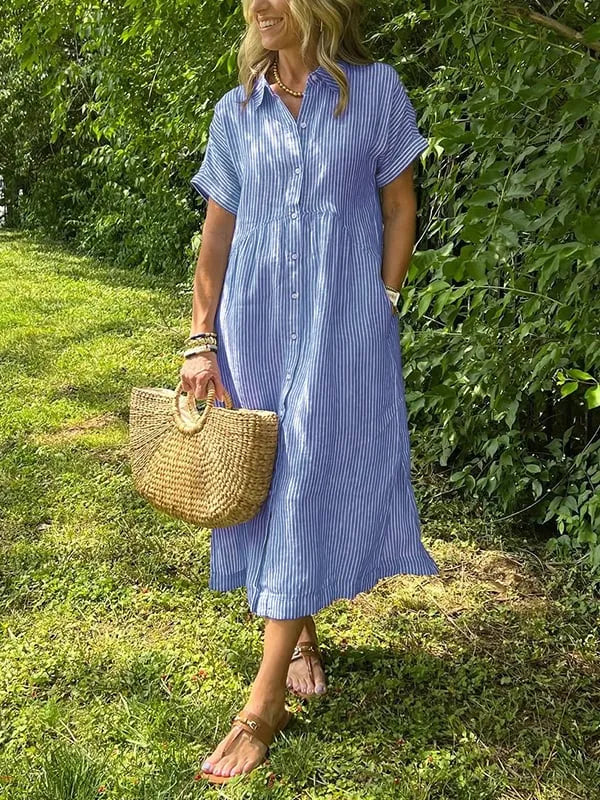 Julianne gestreepte midiblousejurk voor dames met knoopsluiting