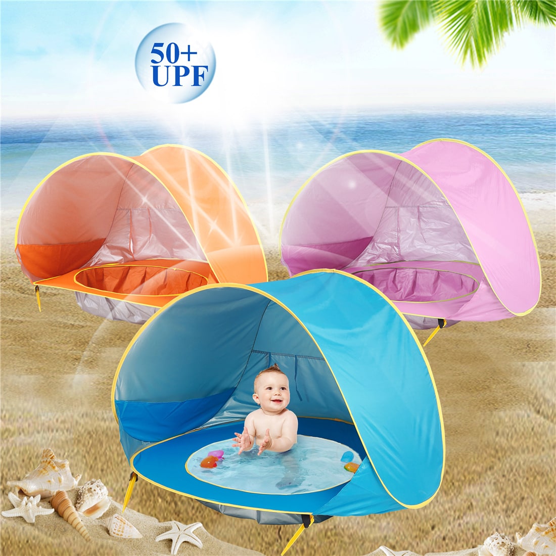 Kinderstrandtent met pop-up zonwering waterdichte koepeltent met ingebouwd zwembadje