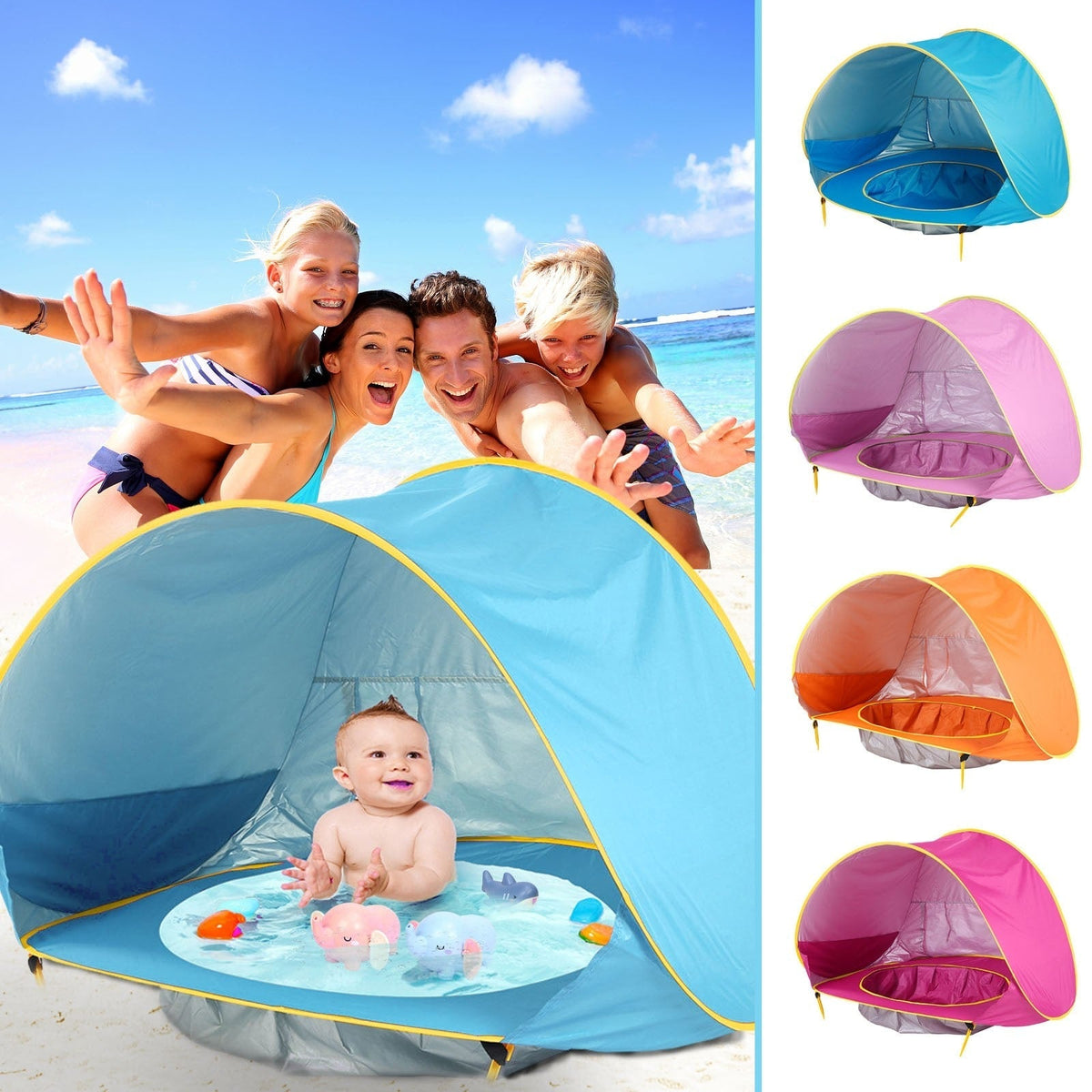 Kinderstrandtent met pop-up zonwering waterdichte koepeltent met ingebouwd zwembadje
