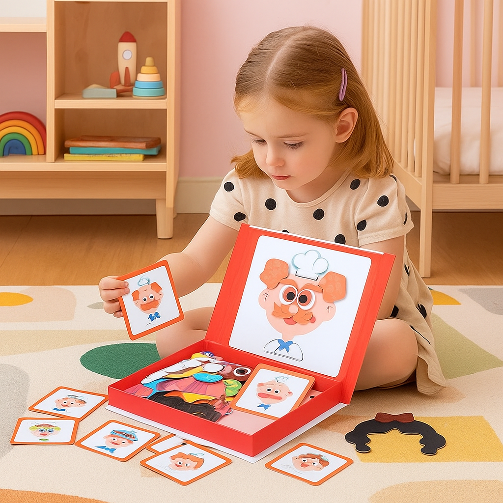 Magnetisch gezichtenpuzzelboek met aankleedpoppen voor kinderen, met figuurkaarten en opbergdoos