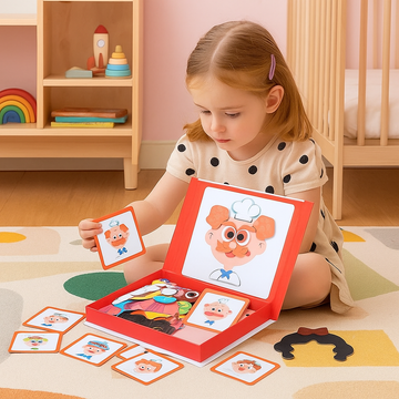 Magnetisch gezichtenpuzzelboek met aankleedpoppen voor kinderen, met figuurkaarten en opbergdoos
