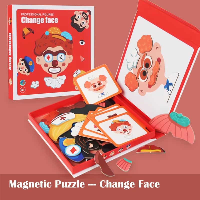 Magnetisch gezichtenpuzzelboek met aankleedpoppen voor kinderen, met figuurkaarten en opbergdoos