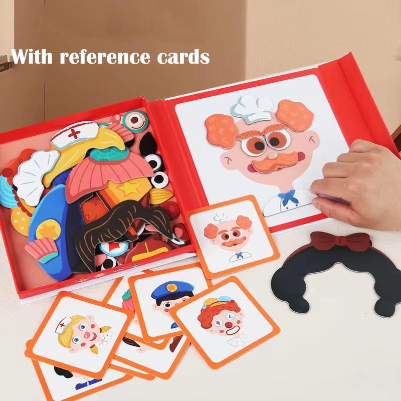 Magnetisch gezichtenpuzzelboek met aankleedpoppen voor kinderen, met figuurkaarten en opbergdoos