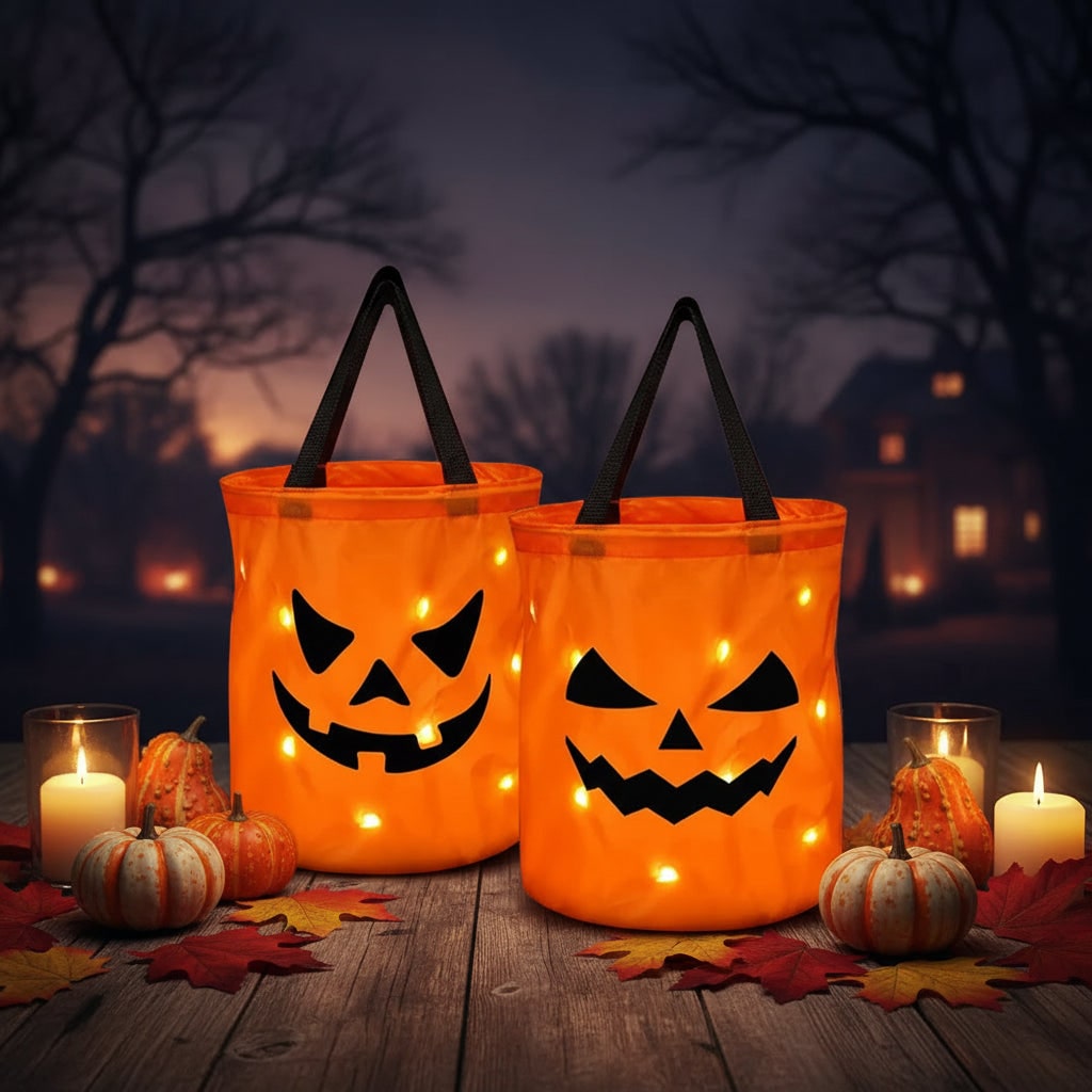 Kinder-Halloween snoeptas en trick-or-treat herbruikbaar met LED-pompoenlampjes en handvatten als feestcadeautje