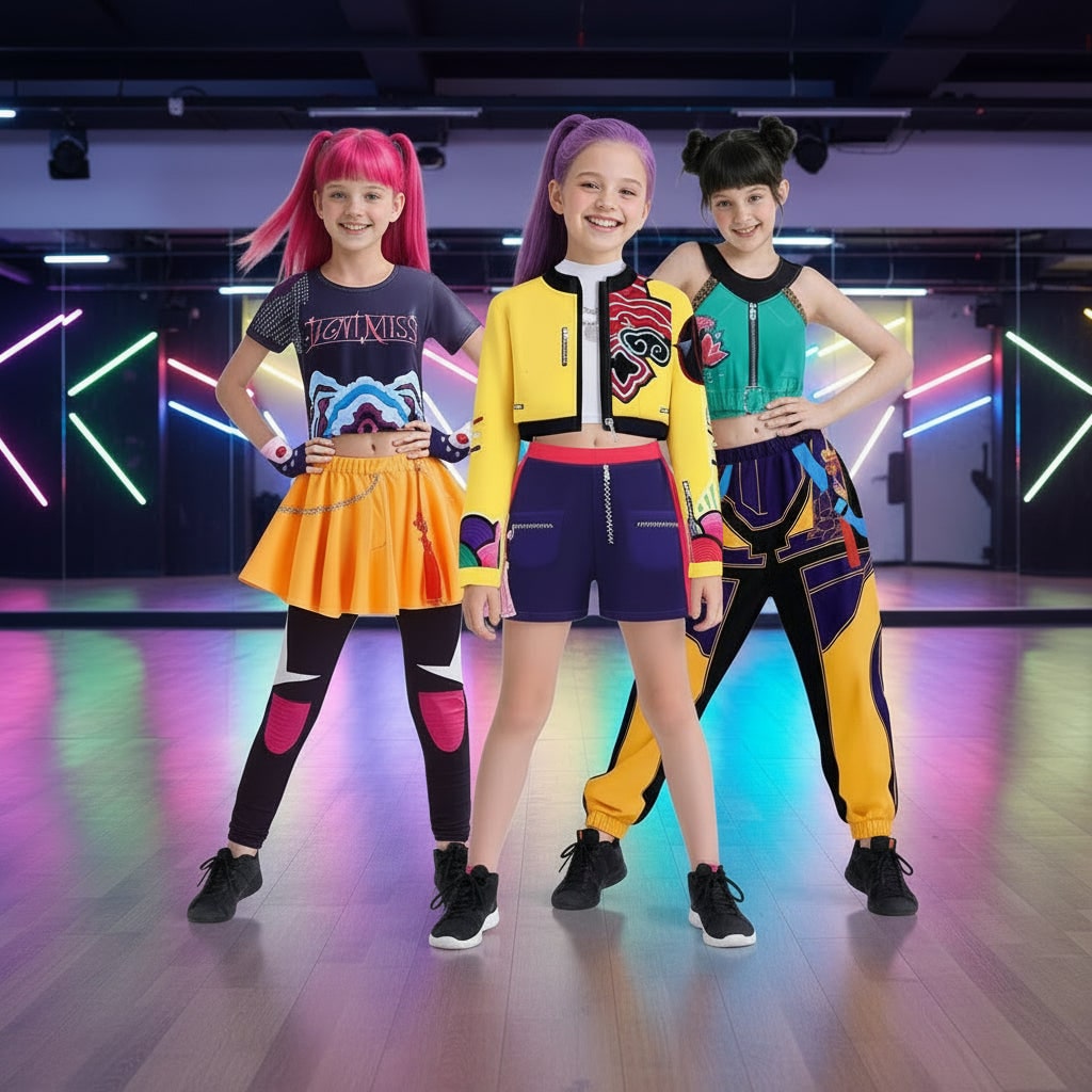 Halloween hiphop-dansoutfit voor kinderen met korte jas, top met print en wijd uitlopend rokje