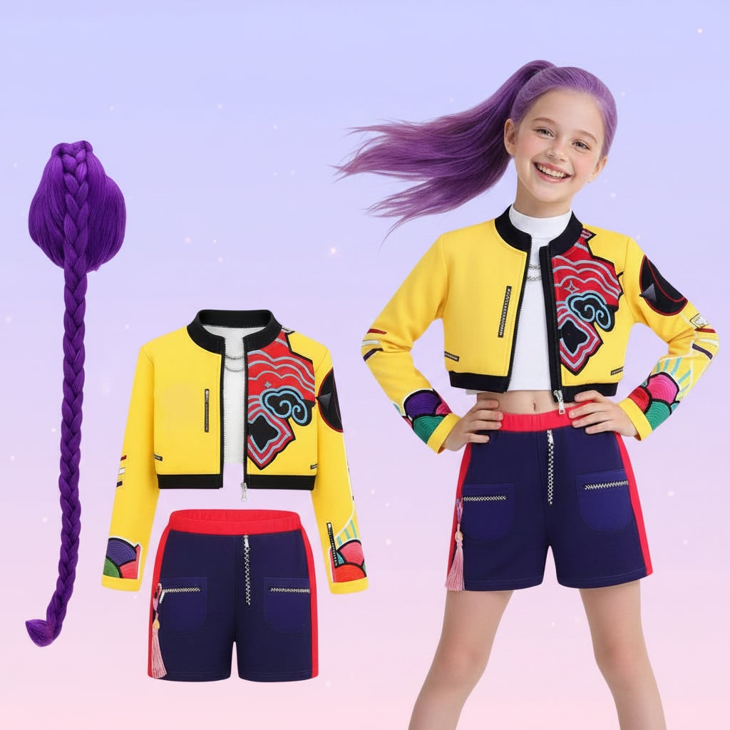 Halloween hiphop-dansoutfit voor kinderen met korte jas, top met print en wijd uitlopend rokje