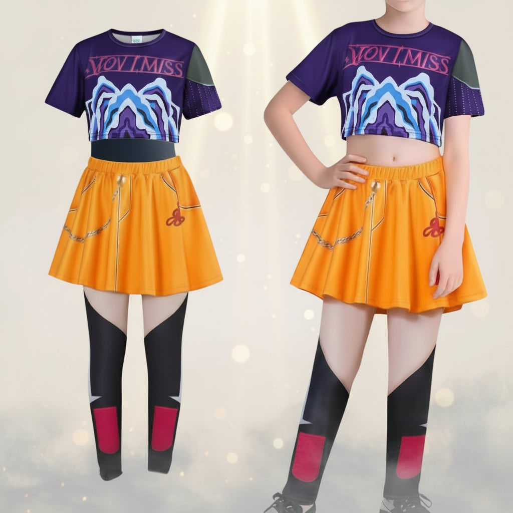 Halloween hiphop-dansoutfit voor kinderen met korte jas, top met print en wijd uitlopend rokje