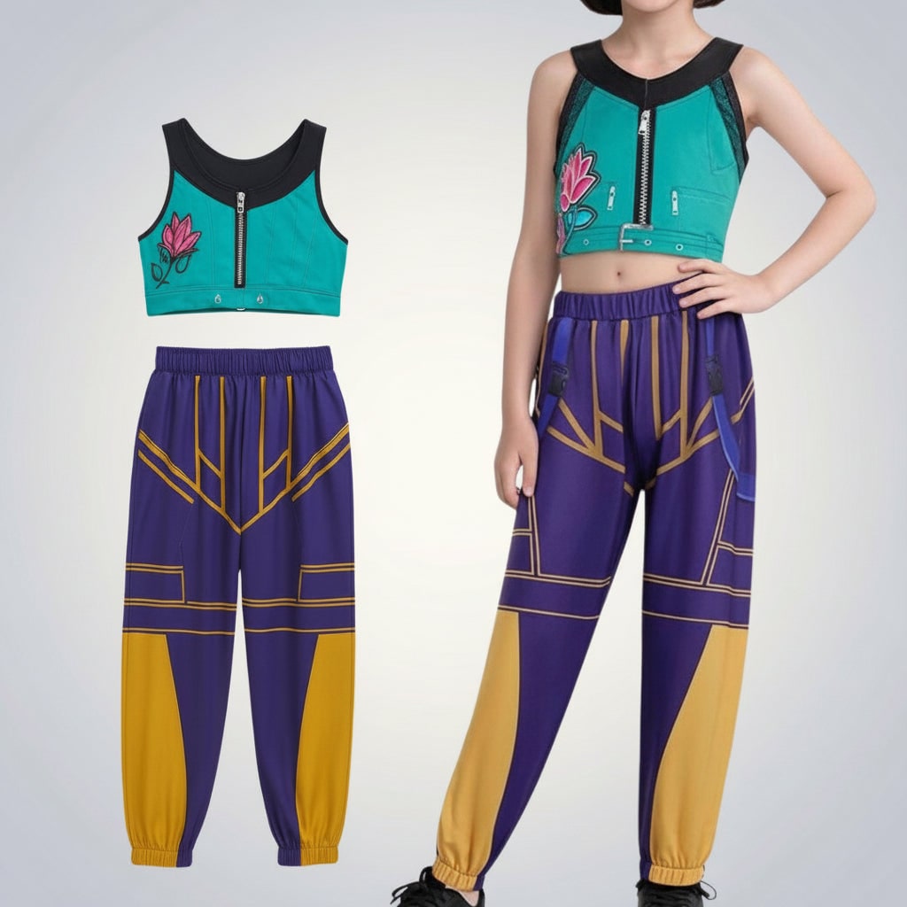 Halloween hiphop-dansoutfit voor kinderen met korte jas, top met print en wijd uitlopend rokje