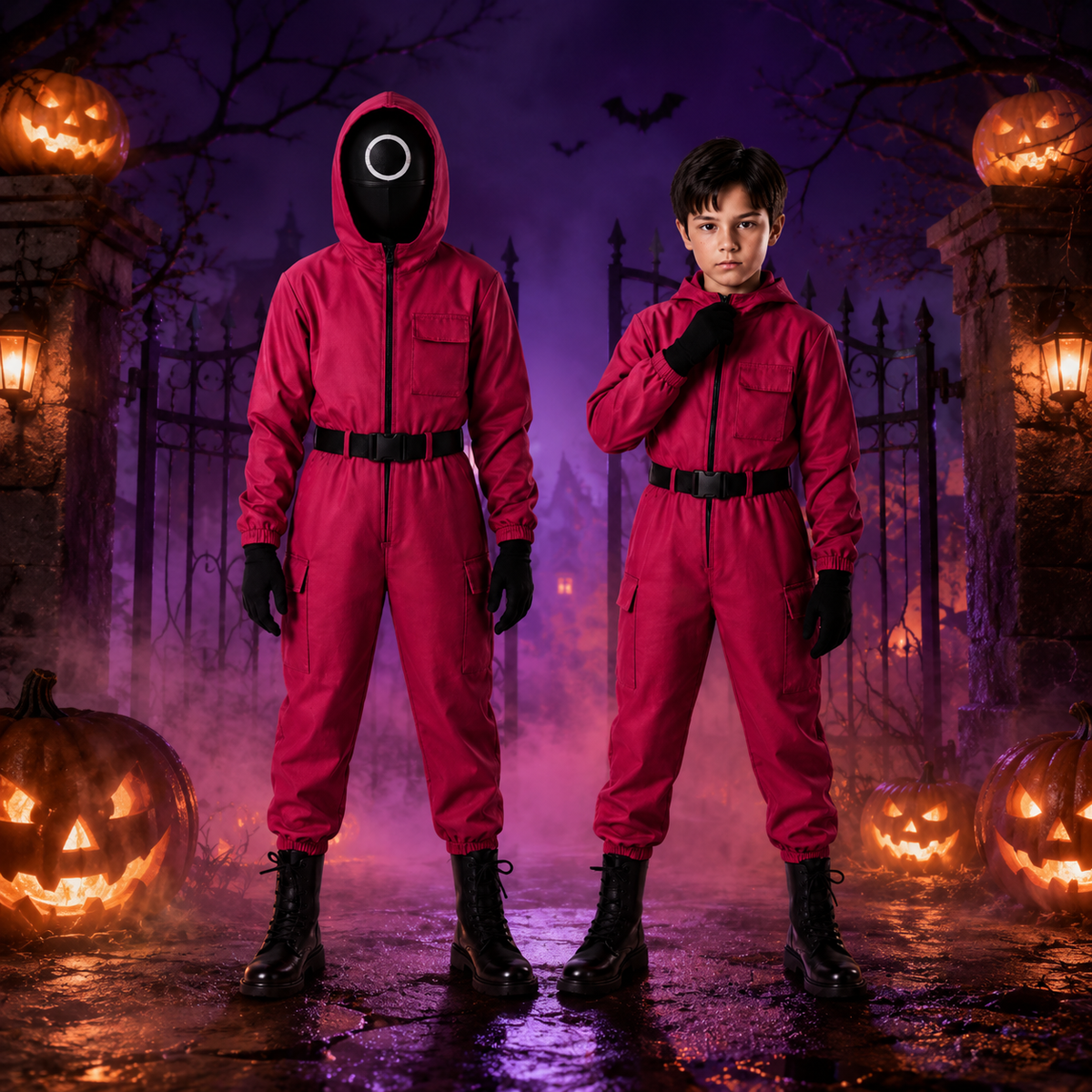 Kinder-Halloween jumpsuitkostuum met capuchon, mesh masker en handschoenen voor trick-or-treat