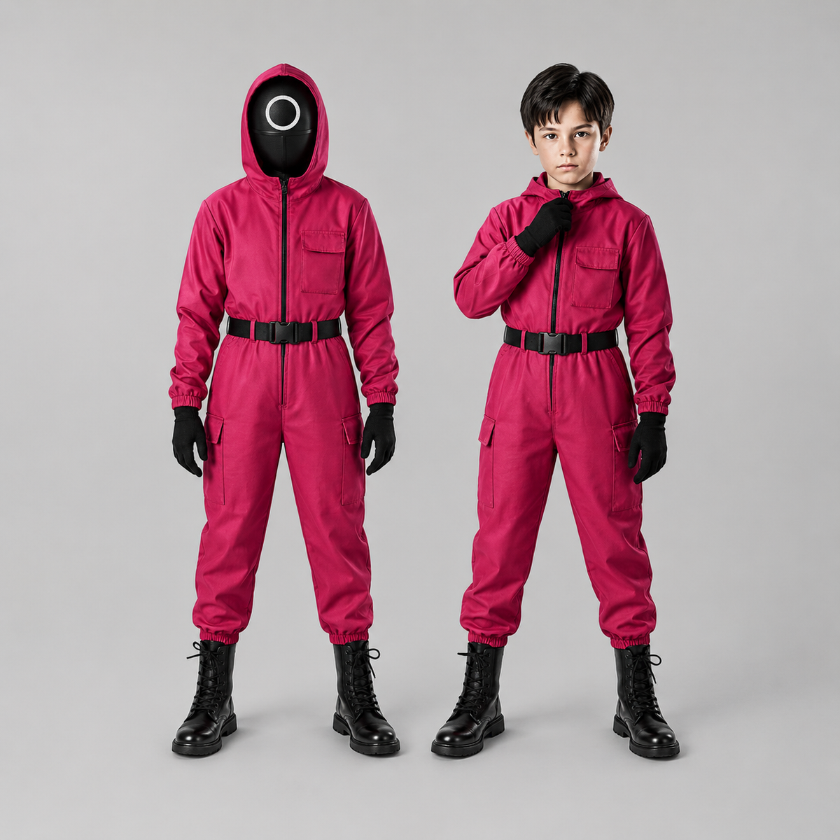 Kinder-Halloween jumpsuitkostuum met capuchon, mesh masker en handschoenen voor trick-or-treat