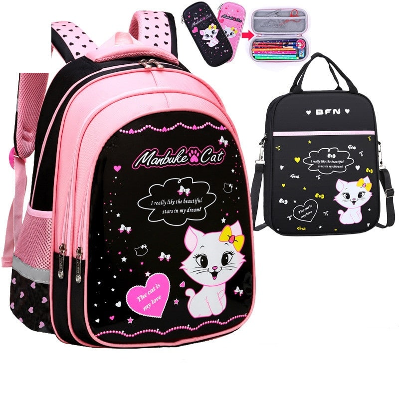 Kinderrugzak met lunchbox set met bijpassend etui cartoonkat print waterdicht en tas combo
