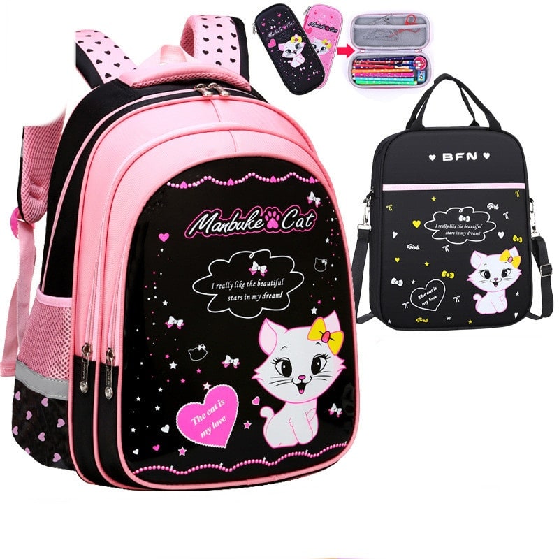 Kinderrugzak met lunchbox set met bijpassend etui cartoonkat print waterdicht en tas combo