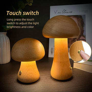 Kinder paddenstoelnachtlampje en lamp voor de slaapkamer met houten touchbediening, led-nachtkastlamp
