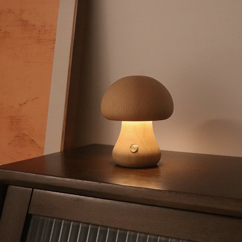 Kinder paddenstoelnachtlampje en lamp voor de slaapkamer met houten touchbediening, led-nachtkastlamp