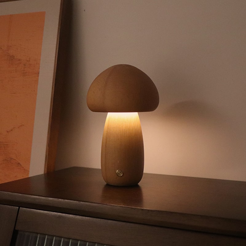Kinder paddenstoelnachtlampje en lamp voor de slaapkamer met houten touchbediening, led-nachtkastlamp