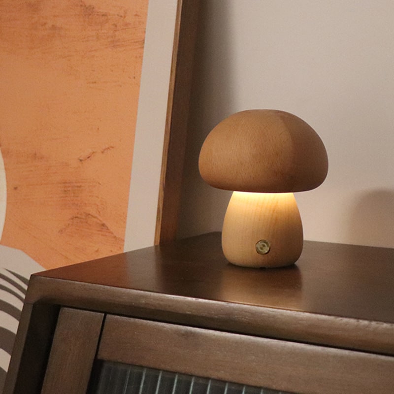 Kinder paddenstoelnachtlampje en lamp voor de slaapkamer met houten touchbediening, led-nachtkastlamp