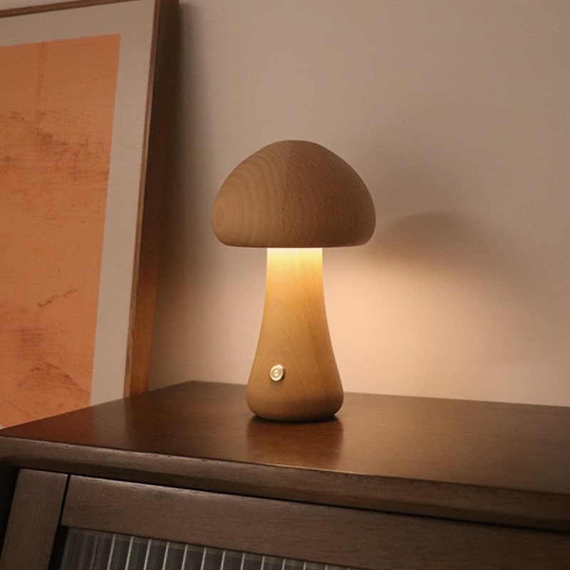 Kinder paddenstoelnachtlampje en lamp voor de slaapkamer met houten touchbediening, led-nachtkastlamp