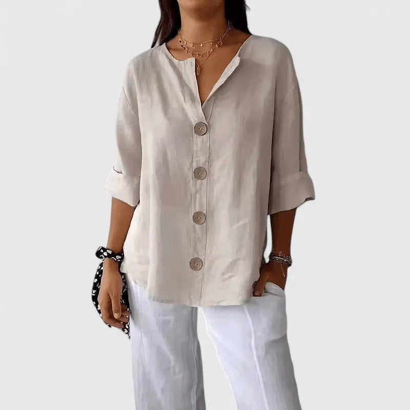Lana damesblouse met knoopsluiting en oprolbare mouwen met lus