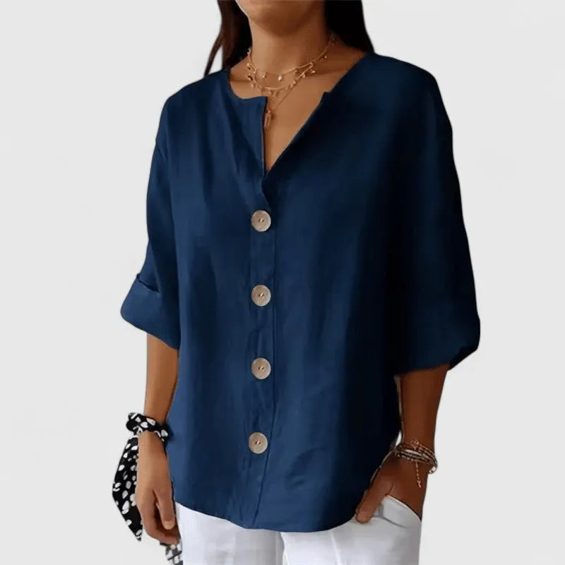 Lana damesblouse met knoopsluiting en oprolbare mouwen met lus