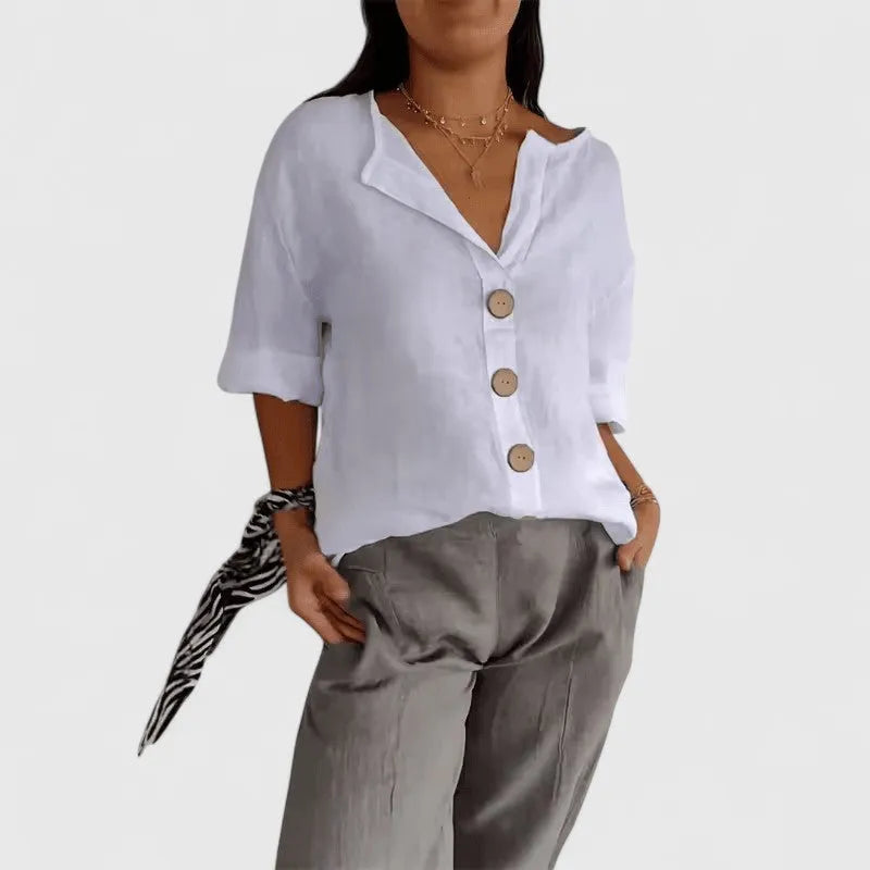 Lana damesblouse met knoopsluiting en oprolbare mouwen met lus