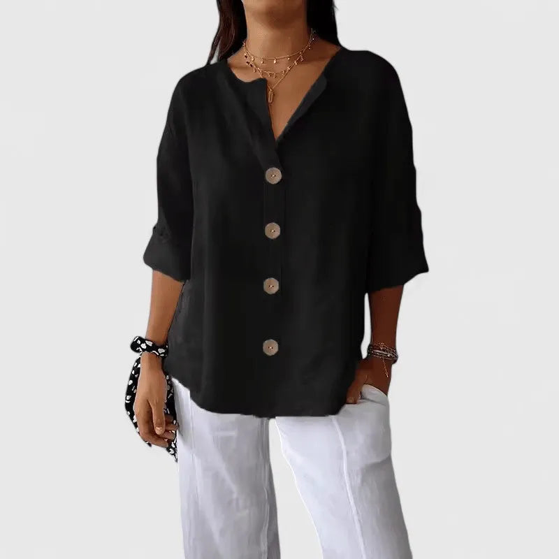 Lana damesblouse met knoopsluiting en oprolbare mouwen met lus