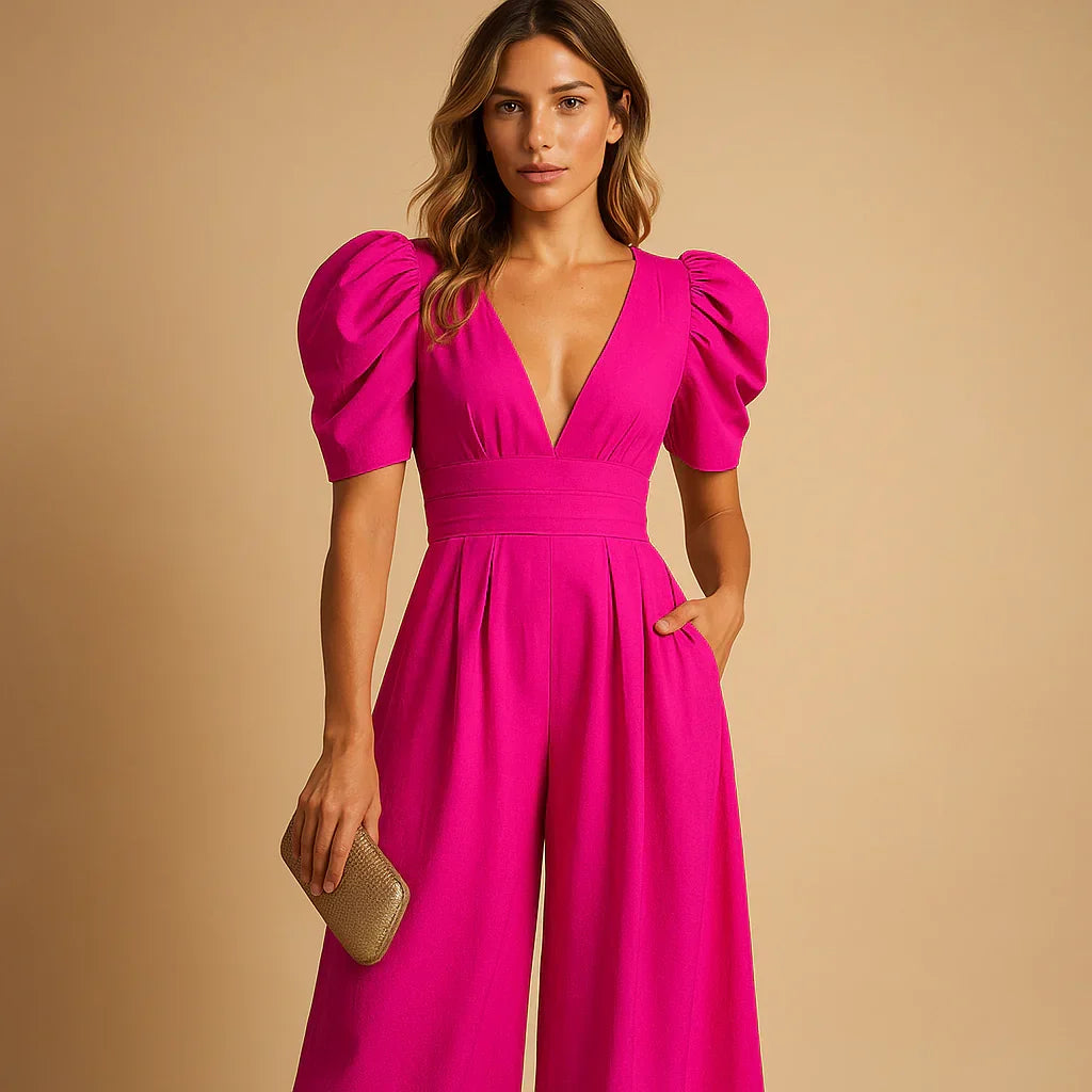 Flatterende jumpsuit met pofmouwen