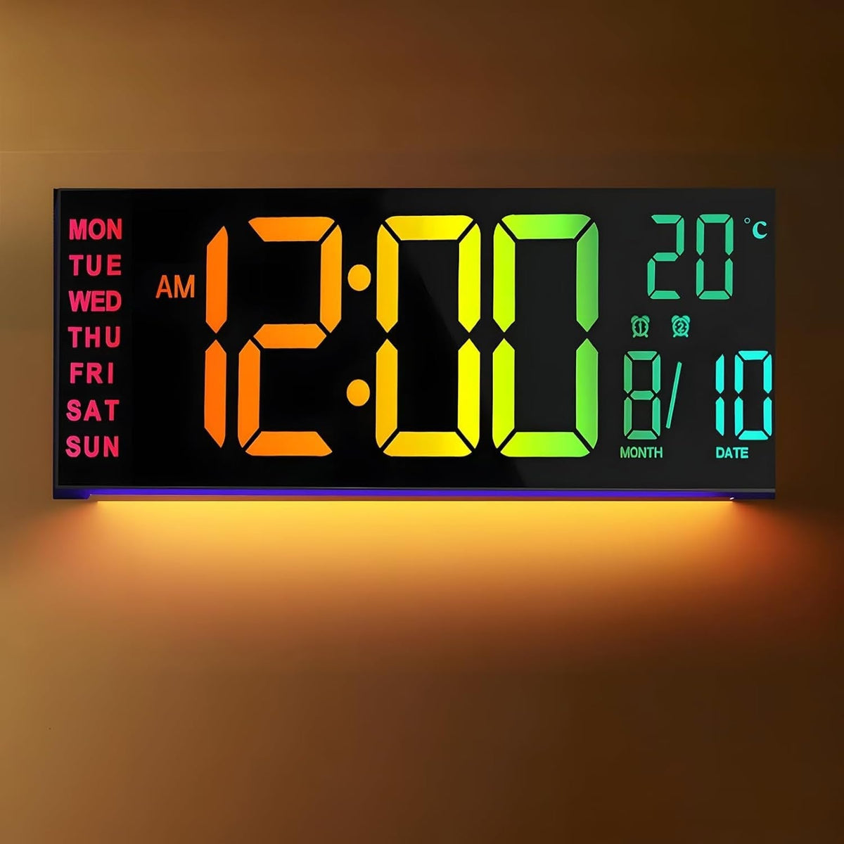 Grote digitale wandklok met RGB-ledweergave, nachtlampje en dubbele wekker, modern