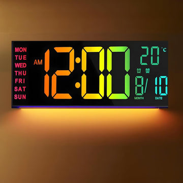 Grote digitale wandklok met RGB-ledweergave, nachtlampje en dubbele wekker, modern