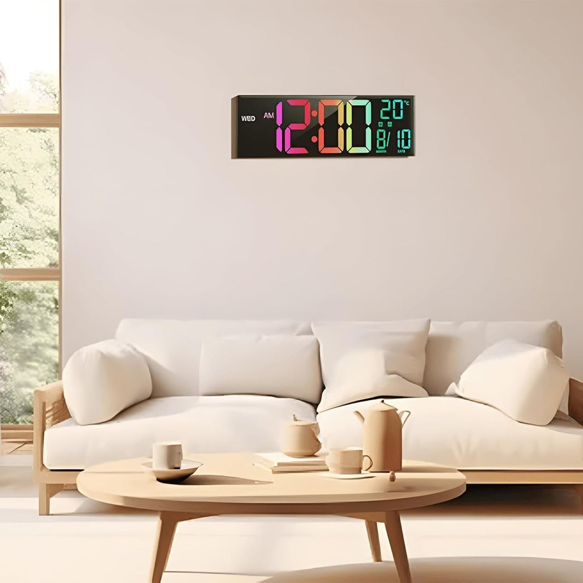 Grote digitale wandklok met RGB-ledweergave, nachtlampje en dubbele wekker, modern
