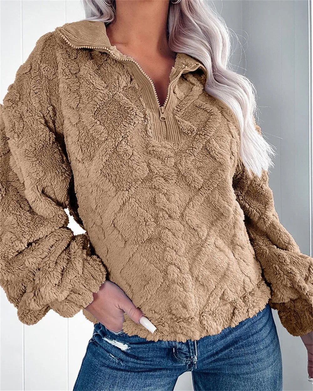 Larissa fleece damespullover met korte rits en opstaande kraag