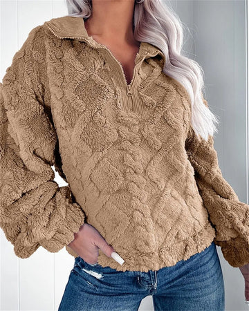 Larissa fleece damespullover met korte rits en opstaande kraag