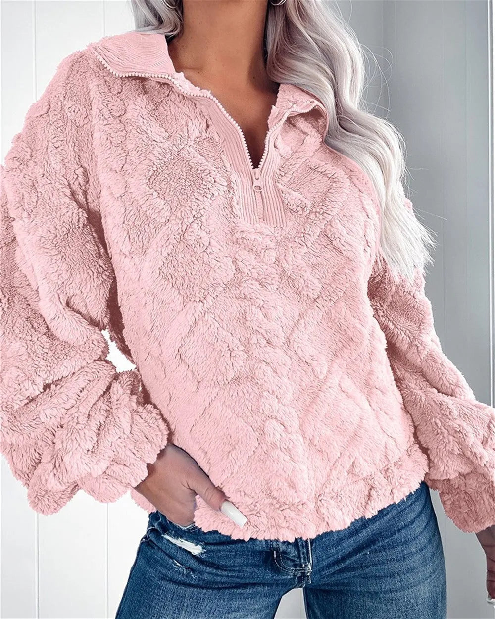 Larissa fleece damespullover met korte rits en opstaande kraag