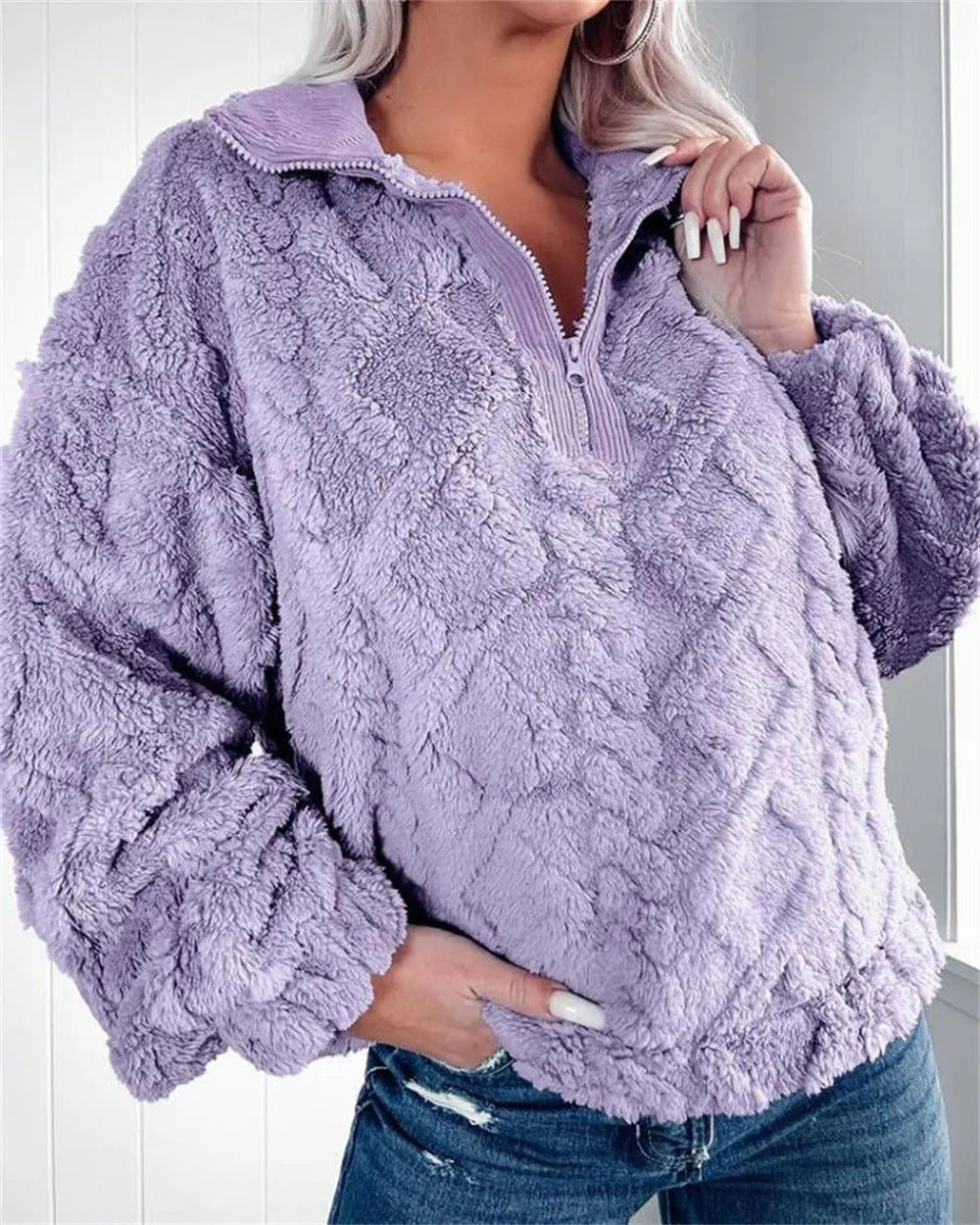 Larissa fleece damespullover met korte rits en opstaande kraag