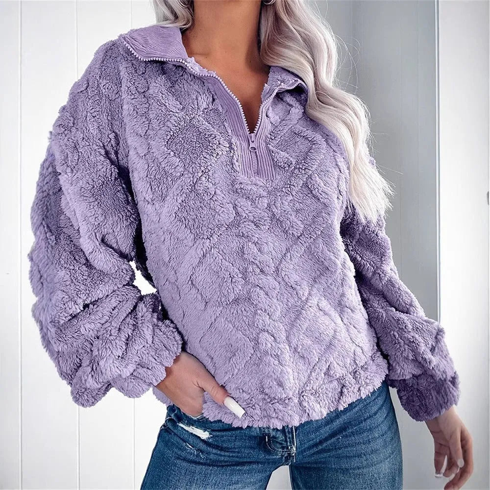 Larissa fleece damespullover met korte rits en opstaande kraag