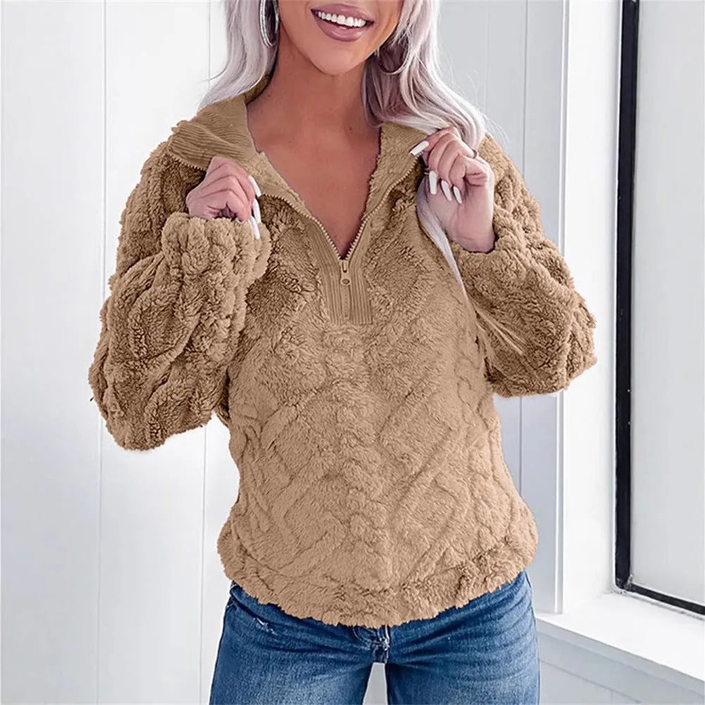 Larissa fleece damespullover met korte rits en opstaande kraag